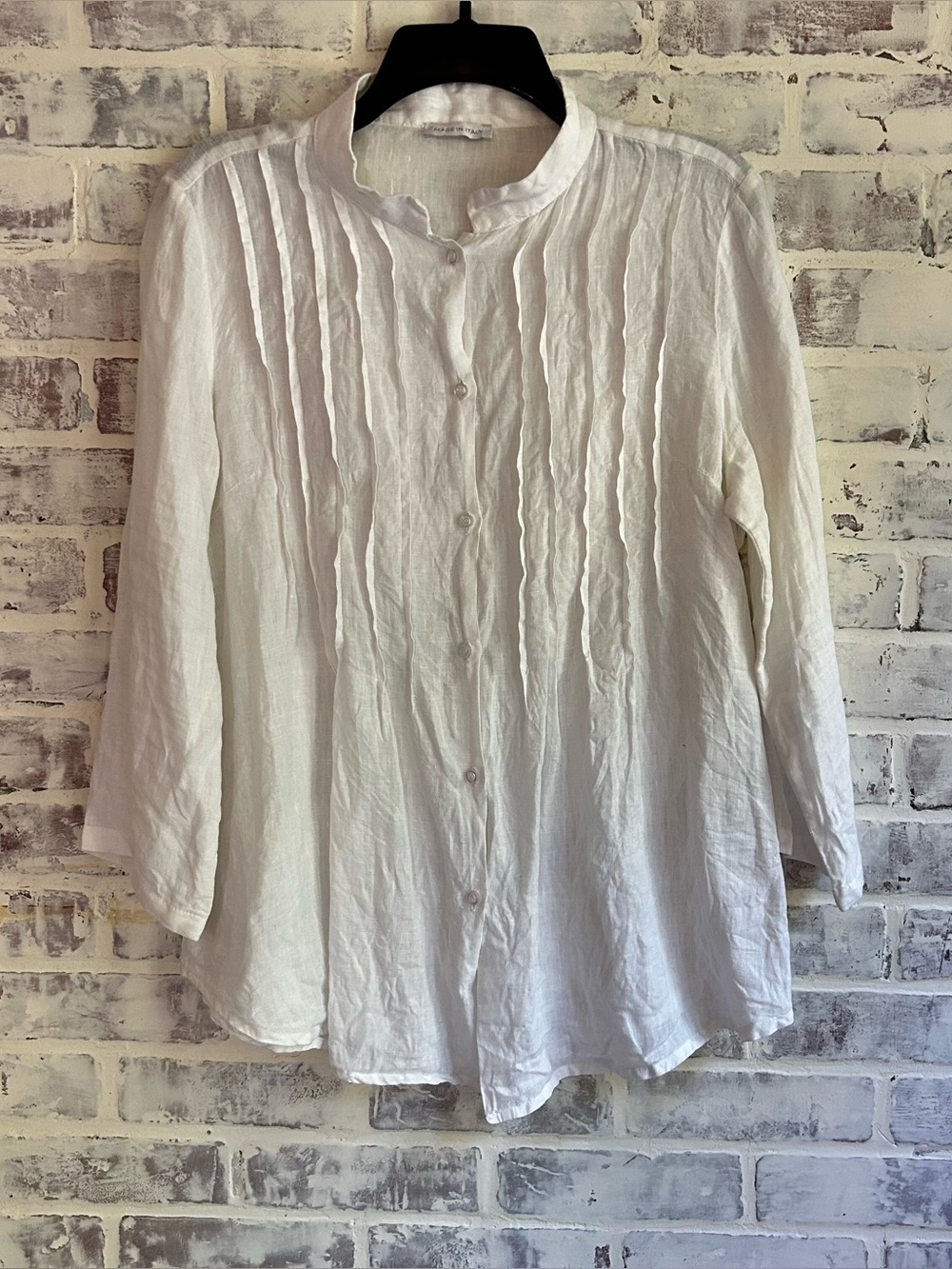 100% Linen White Pintuck Button-Front Blouse Women’s XL Lightweight Sheer Italy